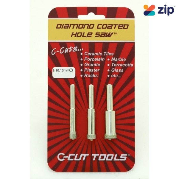 C-CUT TOOLS DCHS8,10,13T - 8mm, 10mm, 13mm 3 Pack Diamond Coated Hole Saw Holesaws